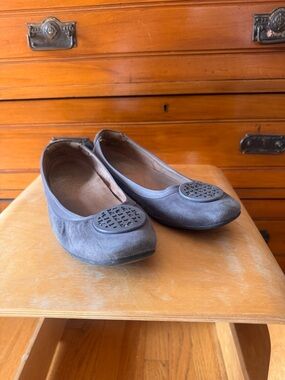 Clarks Gray Suede Ballet Flats with Decorative Toe Medallion